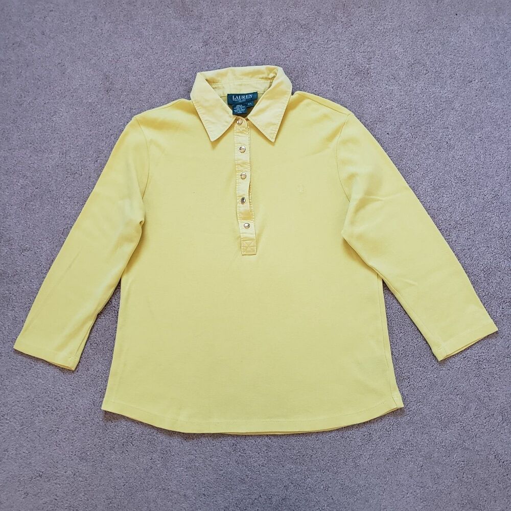 Lauren Ralph Lauren Women’s Polo Shirt 1/2 Gold Buttons Cotton Yellow Petite L